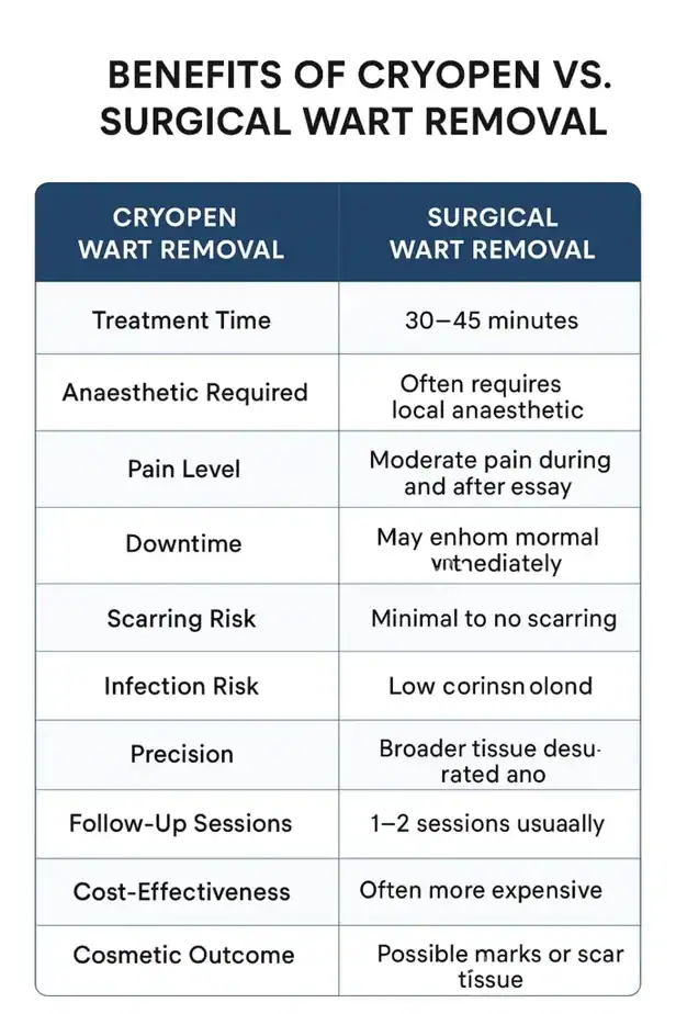 Table showing the benefits of cryopen to remove warts Huddersfield compared to surgical treatment